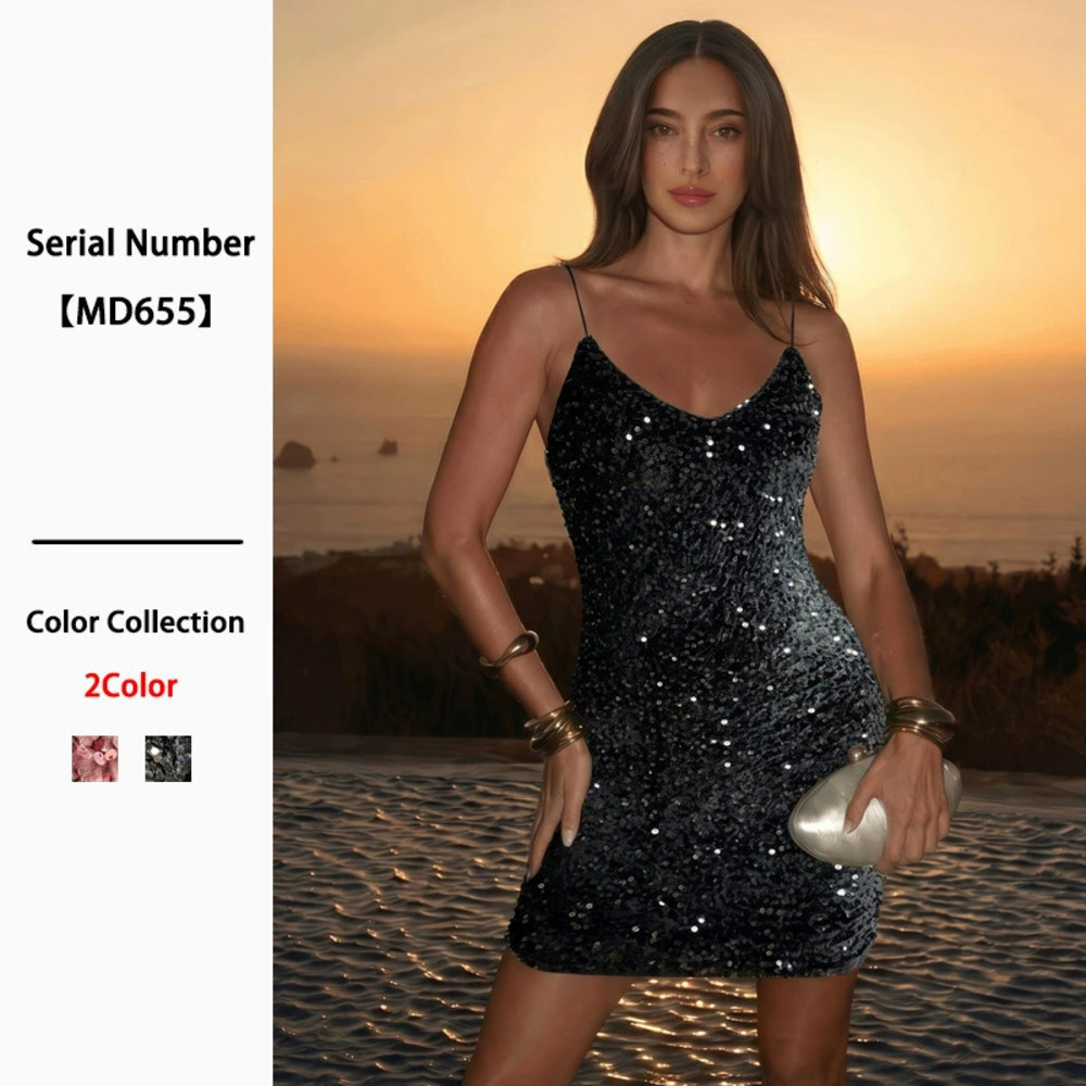 Sexy Early Summer Sequin Spaghetti Strap Backless Bodycon Dress